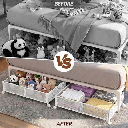 Under Bed Storage, Under the Bed Storage Containers with Wheels, Under Bed Shoe Storage Organizer Drawer, Tool-free Assembly Metal Underbed Storage for Bedroom Clothes Shoes Blankets-2 Pack White
