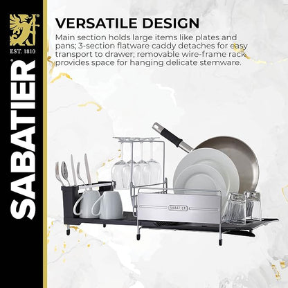 Sabatier Expandable Dish Drying Rack with Drainboard - Stainless Steel Dish Rack for Kitchen Counter, Stemware Holder and Utensil Caddy Included