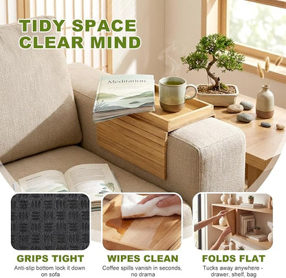 Sofa Arm Tray, Foldable Bamboo Couch Armrest Table with Large 12.5" x 5.8" Storage Compartment, Portable Chair Couch Caddy Arm Tray for Cup TV Snacks Phone