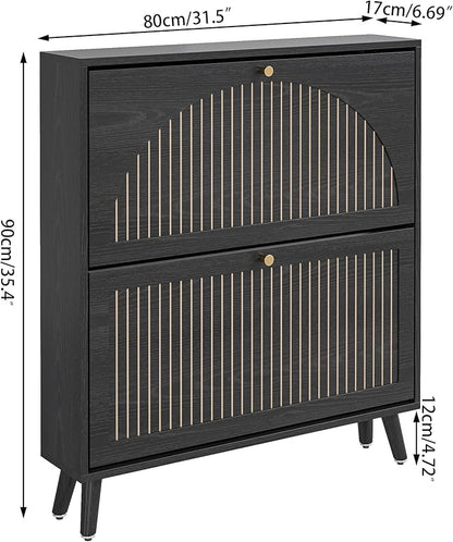 Shoe Storage Cabinet for Entryway with 2 Flip Drawers, Narrow Wood Shoe Cabinet with Fluted Panel, Freestanding Hidden Shoe Organizer for Foyer, Hallway (Black - No Shelf)