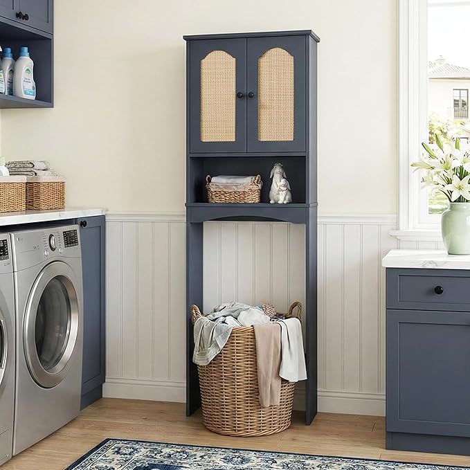Over The Toilet Storage Cabinet, Above Toilet Organizer with 2 Rattan Doors, Modern Blue Finish, 24x70 inch Space Saving Freestanding Bathroom Cabinet