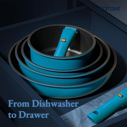 CAROTE 21pcs Pots and Pans Set, Nonstick Cookware Set Detachable Handle, Induction Kitchen Cookware Sets Non Stick with Removable Handle, RV Cookware Set, Peacock Blue
