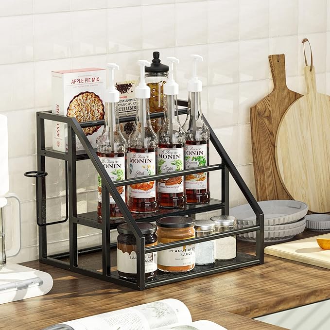 Coffee Syrup Rack Organizer, 3 Tier Countertop Storage Shelves, Kitchen Storage, 12 Syrup Bottle Stand Holder for Wine, Liquor, Kitchen Coffee Station Organizer Rack, 13.8"x13.4"x13.0",Black