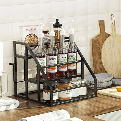 Coffee Syrup Rack Organizer, 3 Tier Countertop Storage Shelves, Kitchen Storage, 12 Syrup Bottle Stand Holder for Wine, Liquor, Kitchen Coffee Station Organizer Rack, 13.8"x13.4"x13.0",Black