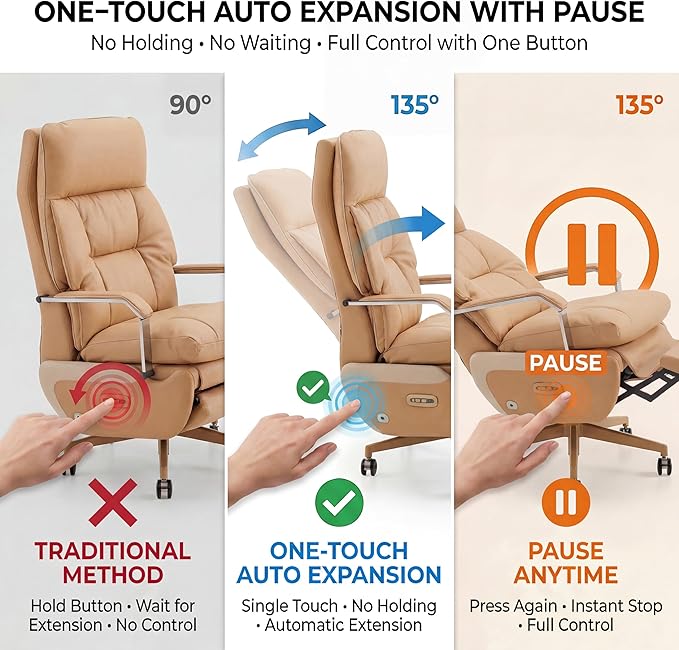 Dual Motor Executive Home Reclining Office Chair with Footrest - One-Click Electric Recline with Massage & Pillow Support Big and Tall PU Leather Ergonomic Desk Chair, High Back Wide Seat (Brown)