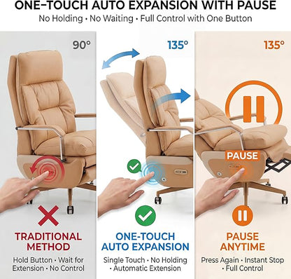 Dual Motor Executive Home Reclining Office Chair with Footrest - One-Click Electric Recline with Massage & Pillow Support Big and Tall PU Leather Ergonomic Desk Chair, High Back Wide Seat (Brown)