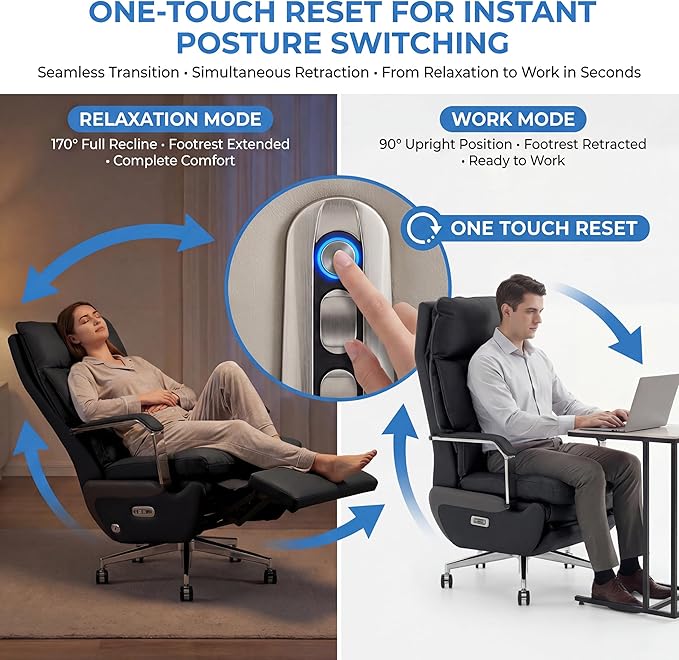 Dual Motor Executive Home Reclining Office Chair with Footrest - One-Click Electric Recline with Massage & Pillow Support Big and Tall PU Leather Ergonomic Desk Chair, High Back Wide Seat (Black)