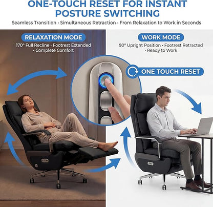 Dual Motor Executive Home Reclining Office Chair with Footrest - One-Click Electric Recline with Massage & Pillow Support Big and Tall PU Leather Ergonomic Desk Chair, High Back Wide Seat (Black)