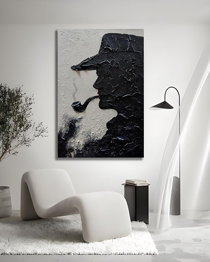 moshinart 24 x 36in Hand-Painted Oil Painting 3D Texture Black White Grey Modern Minimalist Black Abstract Wall Art, Home Office Wall Decoration Black White Grey Cowboy