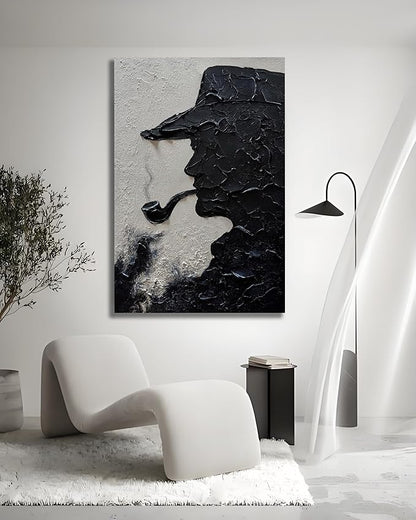 moshinart 24 x 36in Hand-Painted Oil Painting 3D Texture Black White Grey Modern Minimalist Black Abstract Wall Art, Home Office Wall Decoration Black White Grey Cowboy
