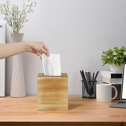 ALELION Tissue Box Cover Square - Wooden Tissue Box Holder for Tabletop Night Stands Bathroom Office - Decorative Brown Facial Cube Tissue Box Cover