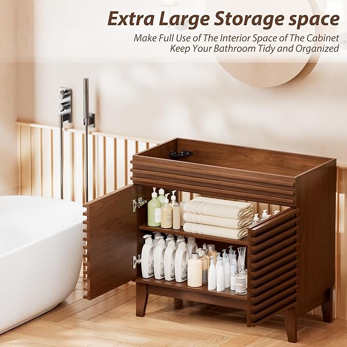 APRILSOUL 36" Bathroom Vanity, Mid-Century Bathroom Vanity Cabinet with 2 Soft Closing Doors, Freestanding Bathroom Cabinet, Particleboard Frame with Wood Grain Laminate, Walnut (Sink Not Included)