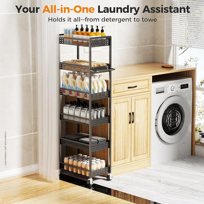 6 Tier Slim Storage Cart with Wheels, 10" D Rolling Storage Cart for Small Space, Metal Narrow Spice Cabinet Mobile Shelving Unit Organizer with Handle for Kitchen, Laundry - Black
