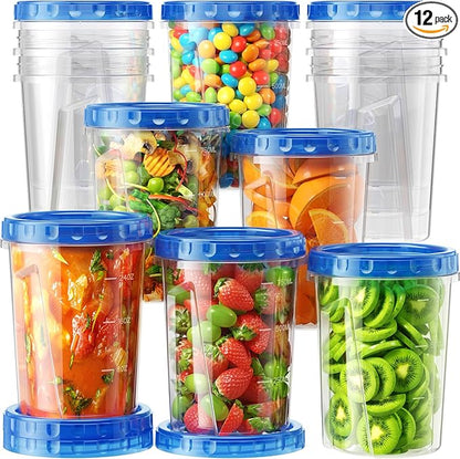 12 Pack-34 oz Freezer Storage Containers, Plastic Food Storage Containers with Twist Top Lids, BPA Free and Reusable Soup Containers with Lids, Leakproof/Microwave/Dishwasher Safe