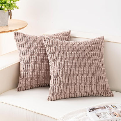 Aegero Pack of 2 Corduroy Decorative Throw Pillow Covers 20x20 Inch Soft Striped Pillow Covers Modern Farmhouse Home Decor for Sofa Living Room Couch Bed（Light Brown）