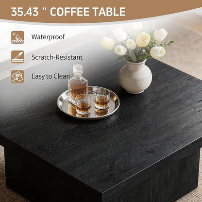 Square Coffee Table,Wooden Living Room Table,Center Table with a Large Tabletop,35.4" x 35.4",for Small Spaces, Apartments, Living Rooms, Black