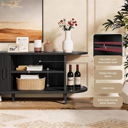 80" Mid Century Modern TV Stand with Power Outlet, Fluted Entertainment Center with Storage and Adjustable Shelves, Wood TV Console with Sliding Doors for Living Room, Black