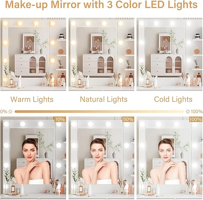 KAMABOKO White Modern Vanity Desk with Mirror & Lights, Makeup Vanity Table with 4 Drawers, 1 Glass Cabinet, 3 Lighting Color Adjustable, Girls Dressing with Stools for Bedroom
