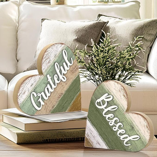 Jetec 2 Pcs Rustic Table Decorations for Living Room Home Decor Farmhouse Valentines Day Centerpiece Small Love Wooden Heart Decor for Dining Room Shelf Valentines Gift Decoration(Blessed Style)