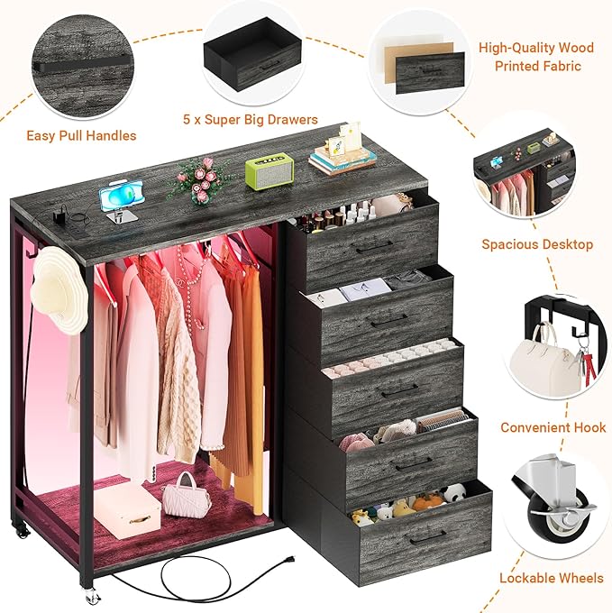 Cyclysio Dresser with Hanging Rack, 5 Fabric Drawers Dresser with Clothes Rack, Wooden Top Storage Chest of Drawers with Charging Station & LED Lights, Lockable Wheels, Closet