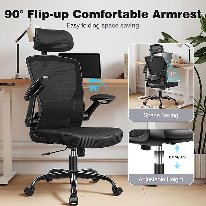 Ergonomic Office Desk Chair Comfy, High Back Mesh Office Desk Chairs with Adjustable Lumbar Support, Headrest, Flip-up Armrests, Home Computer Chair for Gaming, Work, Black
