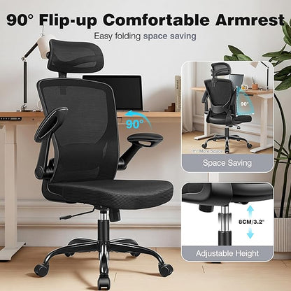Ergonomic Office Desk Chair Comfy, High Back Mesh Office Desk Chairs with Adjustable Lumbar Support, Headrest, Flip-up Armrests, Home Computer Chair for Gaming, Work, 4 Pack