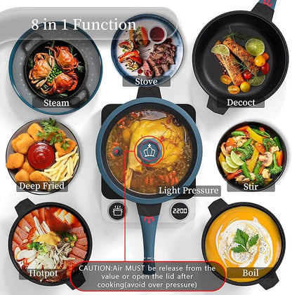 TIBORANG 8 in 1 Multipurpose 11 Inch 5 Quart Heat Indicator Nonstick Deep Frying Pan with Glass Lid,Steamed Grid,PFOA-Free,Dishwasher&Oven Safe,Works with All Stovetops (Dark Teal)
