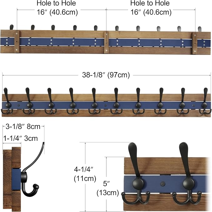 SKOLOO Rustic Coat Rack Wall Mount- 38-1/8" Long Coat Hooks for Wall with 10 Triple Hooks for Hanging Coats, Hats or Tools, Western National Parks Collection, Wood Brown & Blue, Pack of 2