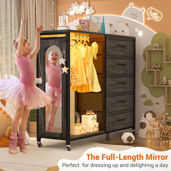 Cyclysio Dresser for Bedroom with Clothes Rack & Mirror, Grey 5 Drawers Dresser with Charging Station & LED Lights, Rolling Chest of Drawers with Wheels, Full Length Mirror, Wooden Top,Bedroom, Closet