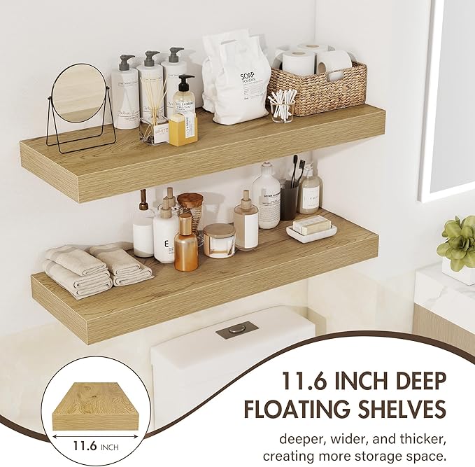 Acovy 30 Inch Floating Shelves, 12" Deep Floating Shelf Wall Mounted, 30" Wall Shelves, Rustic Deep Bookshelf, Extra Deeper & Thicker Display Shelves for Bedroom, Living Room, Oak, Set of 2