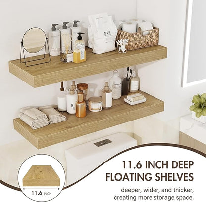 Acovy 30 Inch Floating Shelves, 12" Deep Floating Shelf Wall Mounted, 30" Wall Shelves, Rustic Deep Bookshelf, Extra Deeper & Thicker Display Shelves for Bedroom, Living Room, Oak, Set of 2