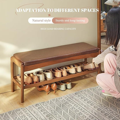 Shoe Rack Bench Entryway Bamboo Shoe Storage Bench with Leather Cushion 2 Tiers Shoe Rack Entryway Bench for Hallway, Living Room,Bedroom(Walnut Bench top+Brown Frame)