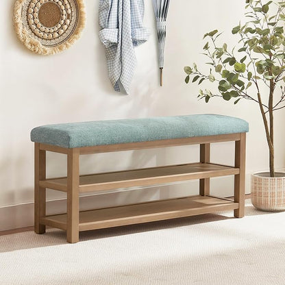 Shoe Rack Bench with Cushion, 2 Tier Solid Wood Storage Bench, Mid-Century Modern Shoe Bench for Entryway, Hallway, Closet, Front Door Entrance, Foyer (Teal, 46.5")