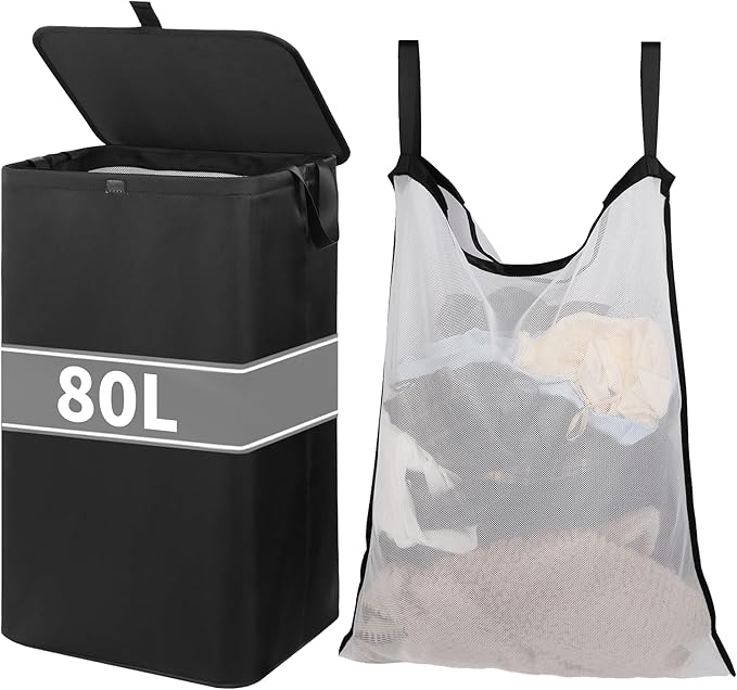 80L Large Laundry Hamper with Lid, Foldable Laundry Bag for Washing Machine with Removable Inner Bag, Dirty Hampers for Bedroom, Bathroom,Laundry Room, College (Black)