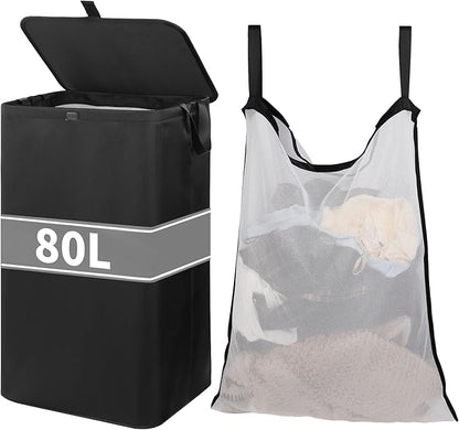 80L Large Laundry Hamper with Lid, Foldable Laundry Bag for Washing Machine with Removable Inner Bag, Dirty Hampers for Bedroom, Bathroom,Laundry Room, College (Black)