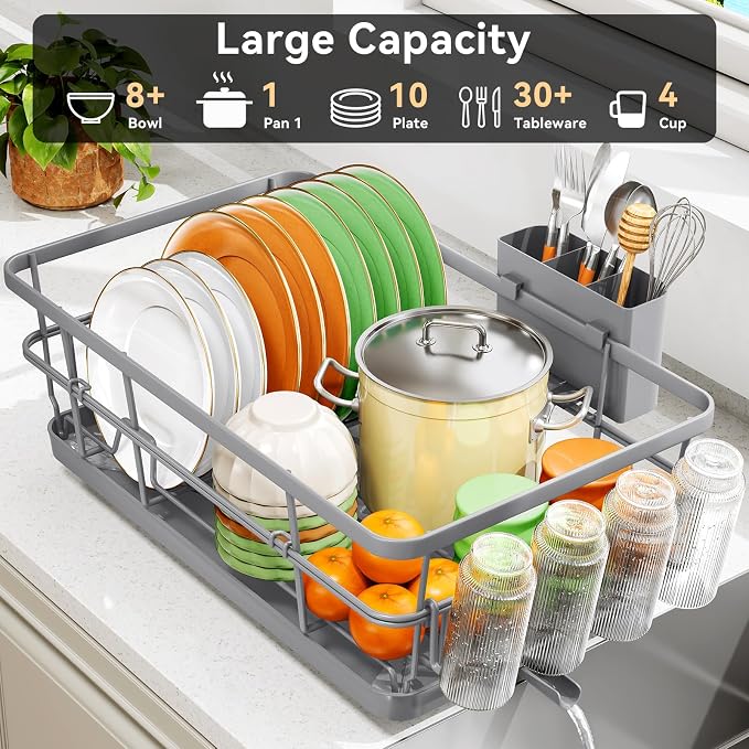 TOOLF Dish Drying Rack, Dish Racks for Kitchen Counter, Stainless Steel Sink Organization and Storage Essentials with Cutlery Holder, Dish Drainer, Home and Apartment Decor, 12.4''W x 16.5''L, Gray