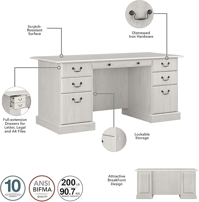 Bush Furniture Saratoga Executive Desk with Drawers, Linen White Oak