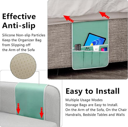 Remote Control Holder for Armchair Caddy, Couch TV Remote Holder for Bed Storage 5 Pockets，Remote Caddy Bedside Organizer Bedside Table Organizer (MintGreen, 35"x12.4")