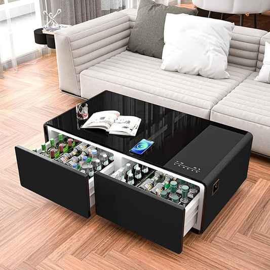 Smart Coffee Table with Fridge and Bluetooth, Wireless Charger | Smart Refrigerator Table with Atmosphere Light & Control Panel & Outlet Protection & USB Ports, LT135 Pro-Black