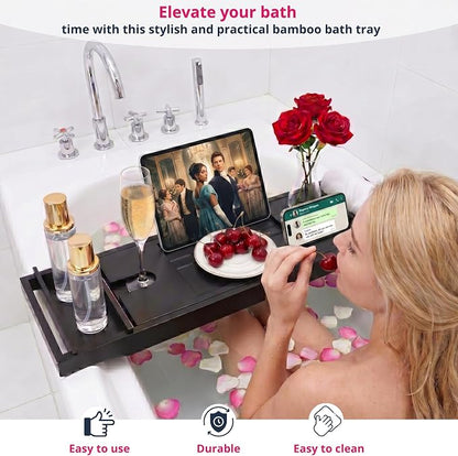 Bath Tray for Tub and Ergonomic Pillow Premium - Caddy Expandable 29 to 42.5 Inch -Foldable Bamboo Wood Tub Organizer - Luxury Bathtub Tray Wood Bamboo