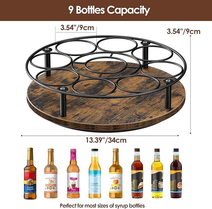 Nuovoware 9 Bottles Rotating Coffee Syrup Rack, Coffee Syrup Rack Organizer Carbon Steel Frame with Wooden Base Bottle Holder for Syrups Table Top Thermos Liquor, Brown+Black