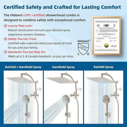 Hibbent All Metal cUPC Certified Shower Head, 12'' High Pressure Rain Shower Head, Handheld Showerhead Combo with 16'' Adjustable Extension Arm, 10 Sprays, 71'' Hose, Showerhead Holder, Brushed Nickel
