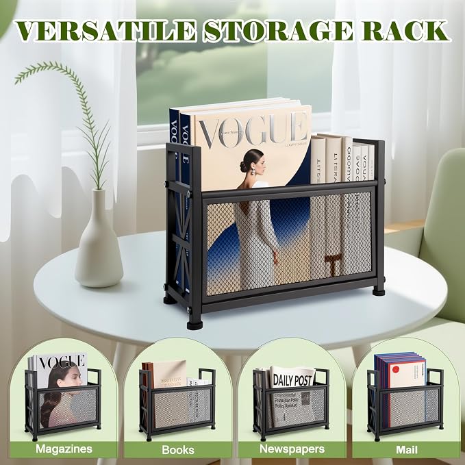 Magazine Rack & Holder – Multi-Purpose Storage Organizer for Magazines, Books, Newspapers, Mail, Tablets | Sturdy Black Basket for Home, Office, Bathroom | Sleek Design & Easy Assembly