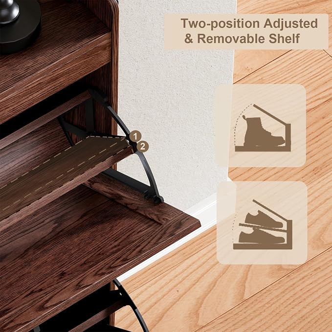 ChooChoo Shoe Storage Cabinet with 2 Flip Drawers, Farmhouse Shoe Organizer Storage for Entryway, Freestanding Hidden Slim Narrow Shoe Rack Cabinet, Walnut