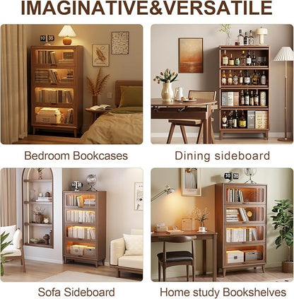 Solid Wood Bookcase 4 Tier With Tempered Glass Doors 60 Inch, Kitchen Pantry Display Cabinet, Brown Finish Cube Storage Organizer, Bookshelf Versatile Storage With For Home Office(No Light Strip)