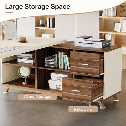 Tribesigns 78.7" L-Shaped Executive Desk, Modern Office Desk with File Drawers & Storage Shelves, Large Computer Desk with 55-Inch Cabinet, Business Workstation for Home Office, White & Walnut