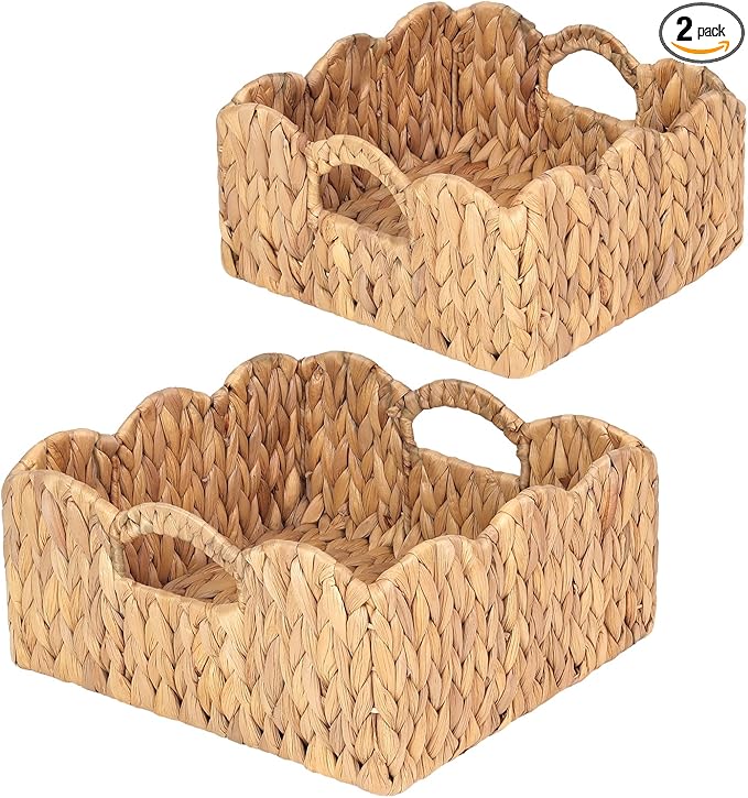 Scalloped Baskets (Natural-Set of 2) Basket Living Room Organizer, Water Hyacinth Baskets For Decor, Woven Basket for Bathroom, Bedroom, Laundry. Hyacinth Storage Basket with Built-in Handles