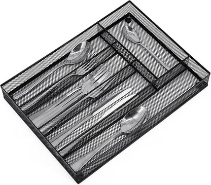 Neudeco Silverware Drawer Organizer, Black | 5 Compartment, Mesh Wire, Non-Slip Feet, Cutlery Tray