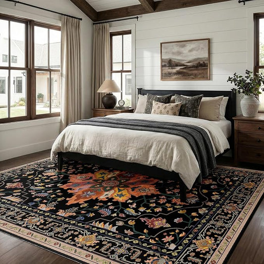 RELEANY Area Rugs 7'x10' Washable Non-Slip, Floral Vintage Distress Medallion Carpet for Living Room Bedroom Dining Room, Black Colorful Floral Dark Tan