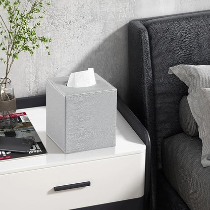 JLAMBOM PU Leather Tissue Box Cover Square Tissue Box Holder with Magnetic Closure, Decorative Tissue Holder for Bathroom Bedroom Office (Silver)